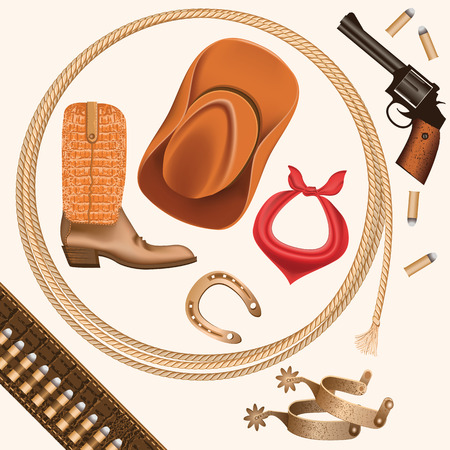 set of wild west cowboy objects isolated on white for designのイラスト素材