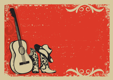 Western country music poster with cowboy shoes and music guitar background for text