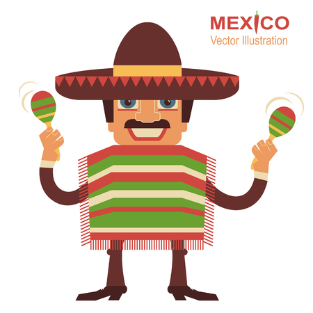Mexican man playing maracas.Vector illustration on whiteのイラスト素材