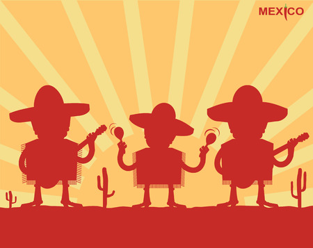 Mexican men playing instruments.Vector red silhouette backgroundのイラスト素材