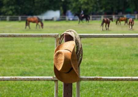 Cowboy hat and rope on fence American Horse ranch