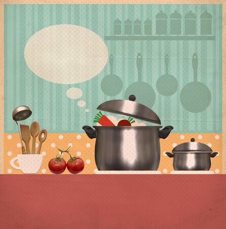 kitchen room.Retro style cooking background on old paper for textの写真素材