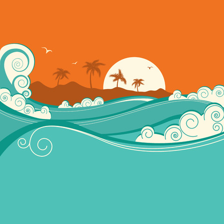 Seaside background with blue waves and tropical island horizon.Vector illustrationのイラスト素材