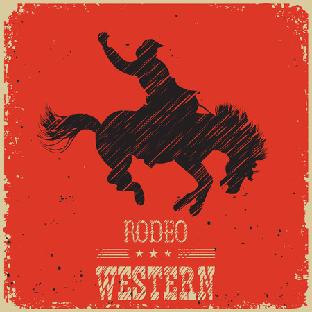 Western Cowboy riding wild horse.Vector poster on red background for designのイラスト素材