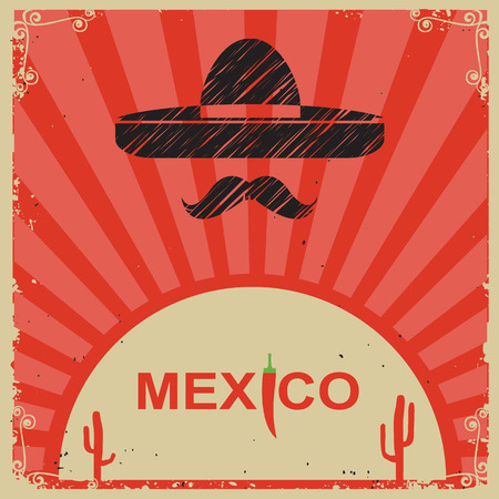 Mexican style poster with sombrero on old paper with textのイラスト素材