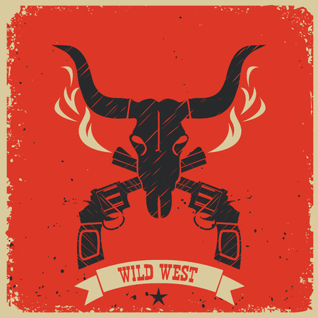 Western wild west poster background with skull and guns on red paperのイラスト素材