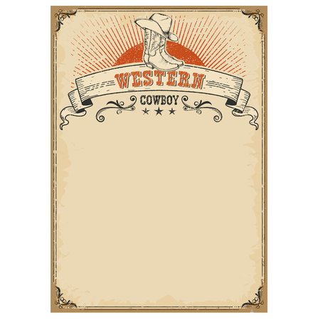 American western background with boots and cowboy hat symbol on old paper texture for textのイラスト素材