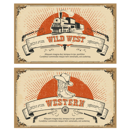 Vintage frame western and wild west cards.Vector illustration isolated on whiteのイラスト素材