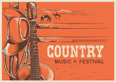 American country music poster with cowboy hat and guitar on vintage landscape backgroundのイラスト素材