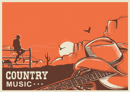 American country music poster with cowboy hat and guitar on vintage landscape background for textのイラスト素材