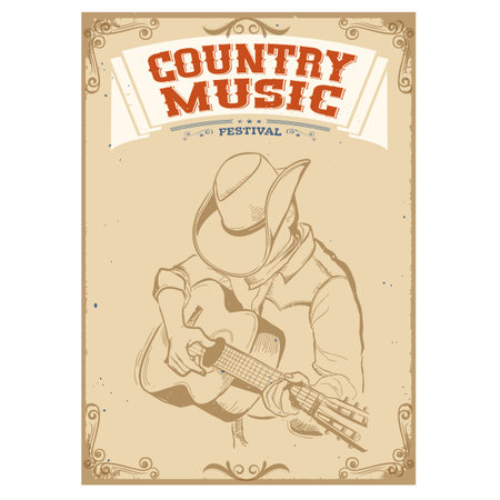 Musician in cowboy hat playing guitar Country music festival background for text.のイラスト素材