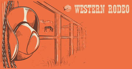 Western rodeo poster with American West cowboy hat and lasso on wood fence.のイラスト素材