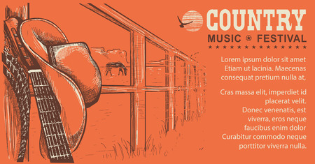 Western country music illustration with cowboy hat and music guitar.のイラスト素材