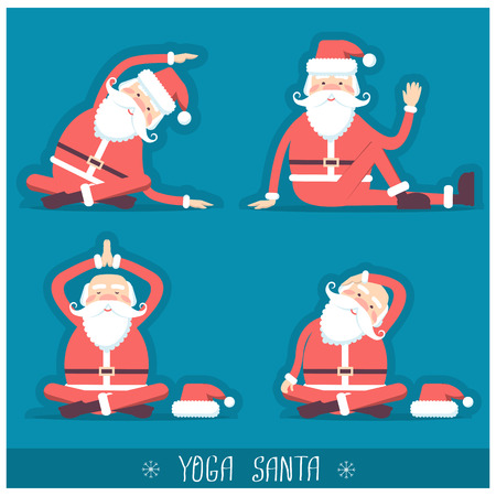Santa claus doing yoga isolated.Vector christmas blue red card illustration with textのイラスト素材