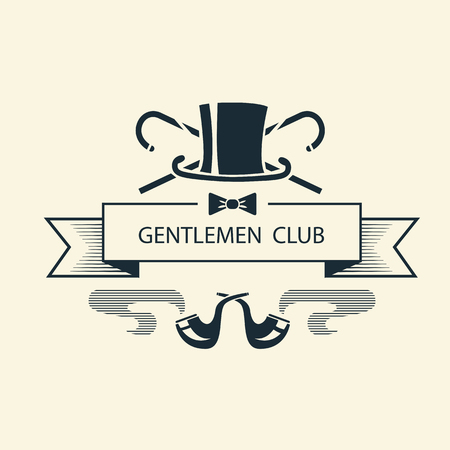 Gentleman club logotype template.Vintage symbol illustration with man top hat , peipes and canes isolated for designのイラスト素材