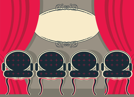 Theater interior with red curtains and chairs.Vector flat illustrationのイラスト素材