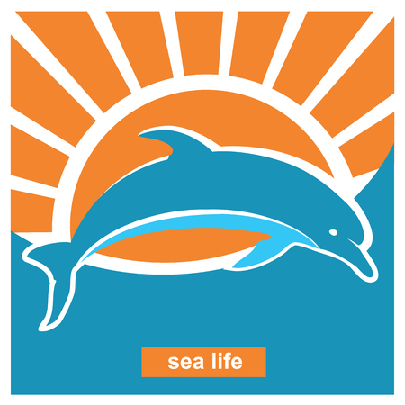 Dolphin jumping in blue sea waves.Vector poster illustration in flat style for textのイラスト素材