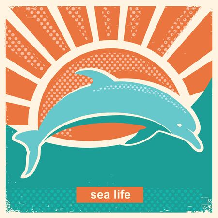 Dolphin jumping in sea.Vector vintage poster illustration in flat style on old paper textureのイラスト素材