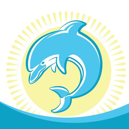 Dolphin jumping in water waves.Vector symbol of seascape with yellow sunのイラスト素材