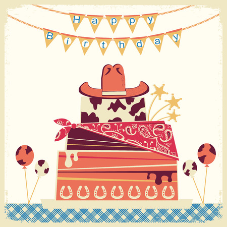 Cowboy happy birthday card with cake and cowboy hat.Retro illustration on old paper background with textのイラスト素材