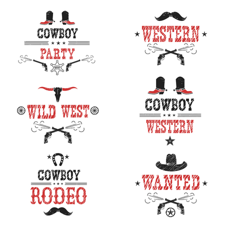 Set of cowboy labels and western symbols isolated on white.Vector american illustrationのイラスト素材