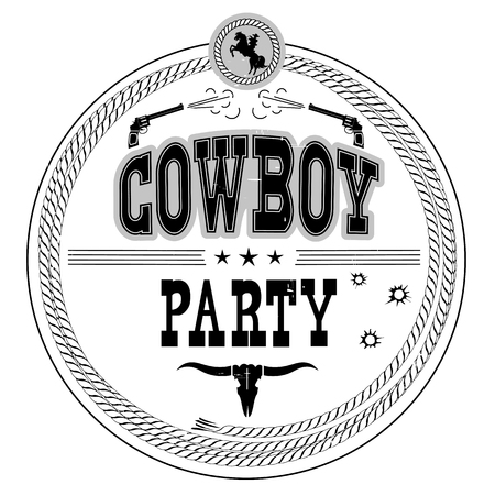 Cowboy party western label isolated on white.Vector vintage card background with guns and textのイラスト素材