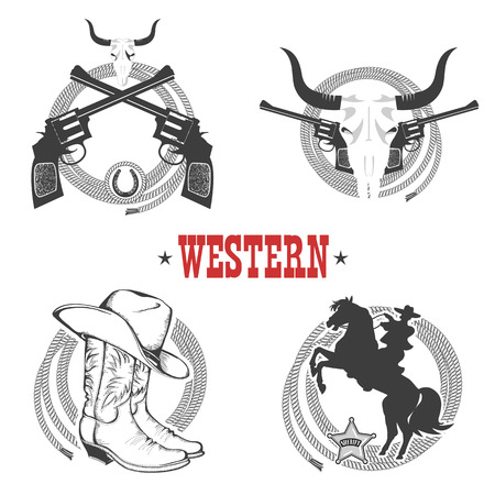 set of Cowboy symbols and labels..Vector illustration isolated on whiteのイラスト素材