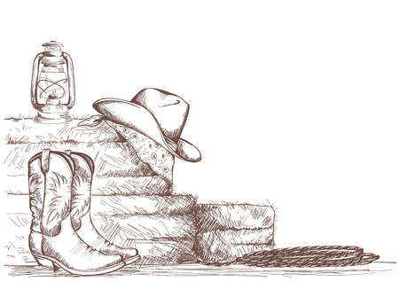Hand draw cowboy background with western boots and west hat and equipment for riding horsesのイラスト素材