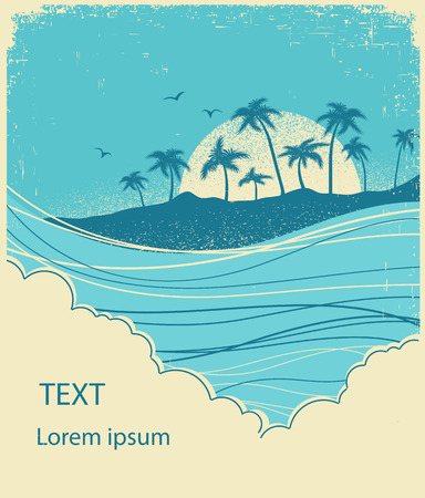 sea waves and island vector vintage graphic illustration of water seascape for textのイラスト素材