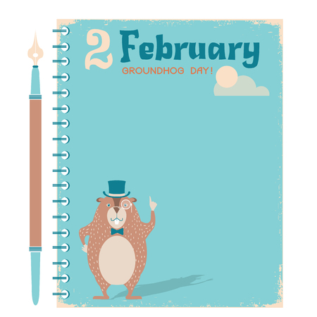 Happy Groundhog day notebook background with marmot on vintage paper.Vector retro color illustration.のイラスト素材