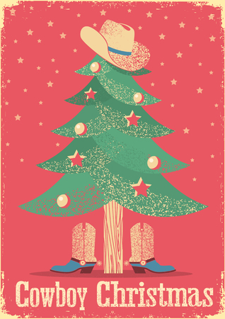 Cowboy Christmas red card with decorated tree and western clothes..Vintage western poster with textのイラスト素材