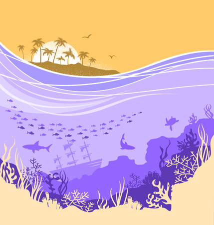Underwater sea background with tropical island horizone and many fishes.Vector seascape for text or designのイラスト素材
