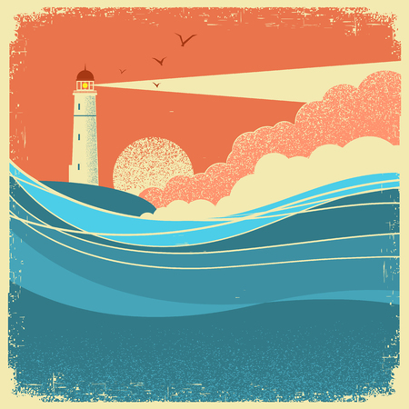 Sea waves with lighthouse.Vintage nature poster of seascape on paper background for textのイラスト素材