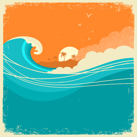 Vintage Seascape with island on old paper poster for text. Ocean waves and skyのイラスト素材