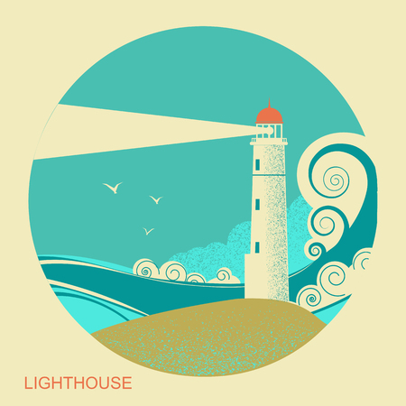 Lighthouse blue label with sea waves. Vintage seascapeのイラスト素材