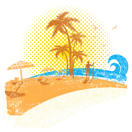Tropical beach with surfer .Vector seascape background on white on old paper textureのイラスト素材