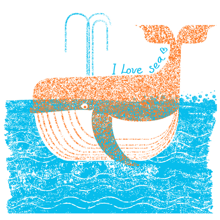 Whale in blue sea on old paper grunge background vector illustration with text.のイラスト素材