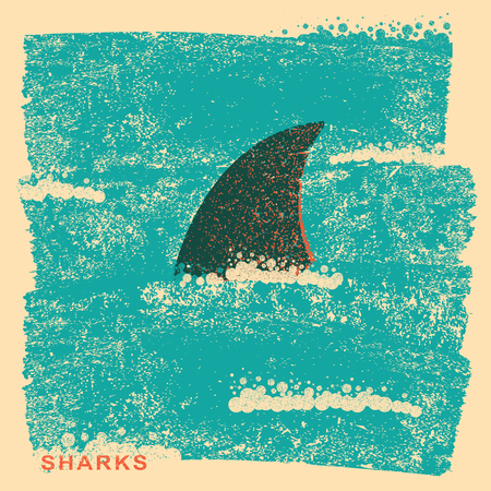 Shark fin in ocean.Vintage poster on old paper backgroundのイラスト素材