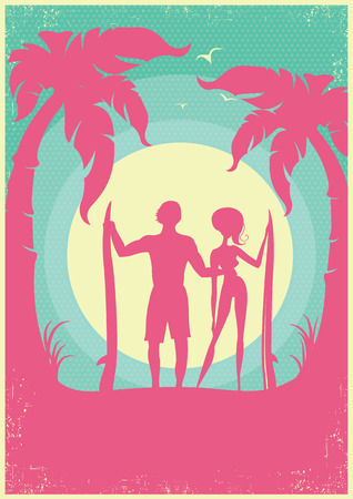 Lovely couple of surfers and blue sea waves on poster.Vector background of man and womanのイラスト素材