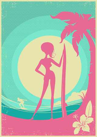 Surfer woman and sea waves tropical island.Vector poster on vintage backgroundのイラスト素材