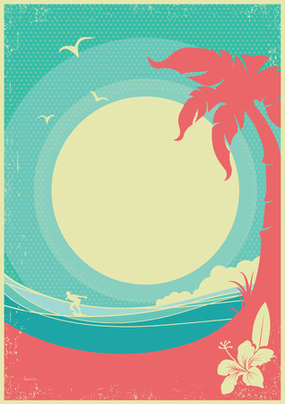 Tropical landscape with palms and sea waves.Vector paradise retro poster background for textのイラスト素材