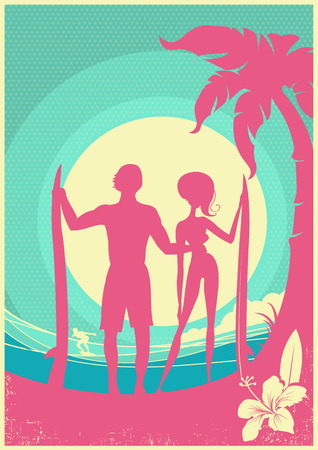Lovely couple of surfers and blue sea waves on poster.Vector background of man and woman silhouetteのイラスト素材