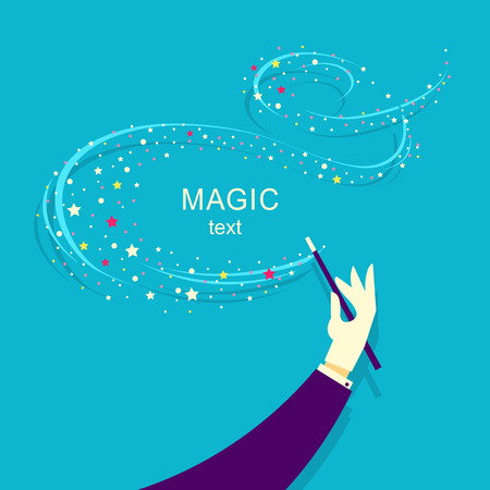 Magician hand holding magic wand.vector illustration of trick on background for textのイラスト素材