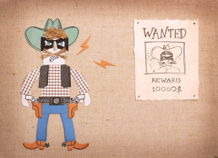 Angry bandit in cowboy western clothes and black mask with guns.