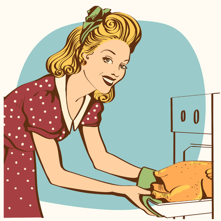 Portrait of Young housewife in retro red dress cooking roasted chicken in an oven.Retro kitchen room interiorのイラスト素材