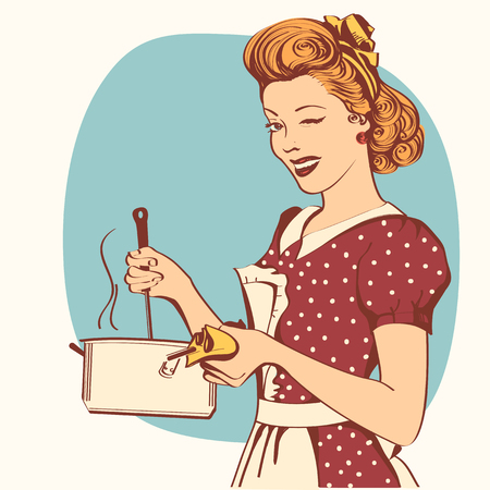 Retro young woman in retro clothes cooking soup in her kitchen room.Vector color illustrationのイラスト素材