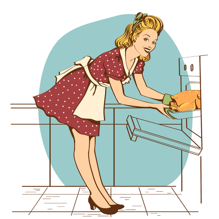 Young housewife in retro red dress cooking roasted chicken in an oven.Retro kitchen room interiorのイラスト素材