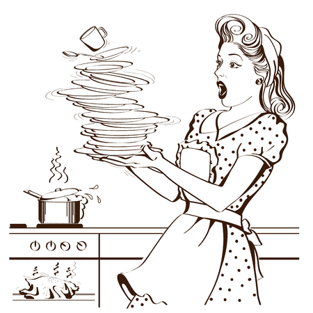 Clumsy housewife with retro clothes drops dishes and overlooked roast chicken in an oven.Vector graphic illustrationのイラスト素材