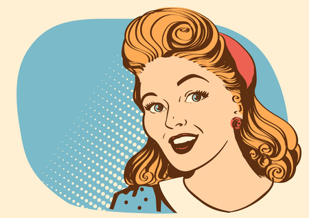 Portrait of smiling woman with retro hairstyle.Vector color background isolated on whiteのイラスト素材