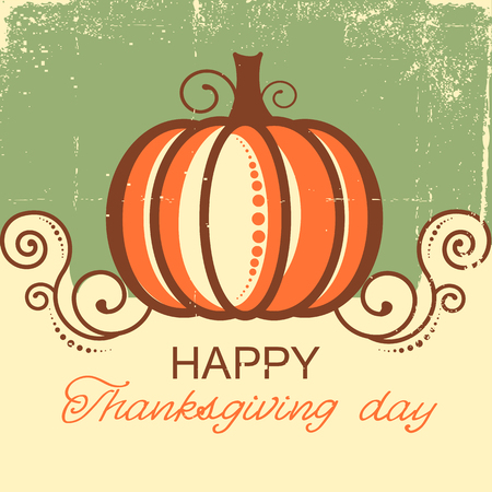 Happy Thanksgiving background with pumpkin and decorative vignettes on old vintage paper.Vector vintage card on old paper textureのイラスト素材